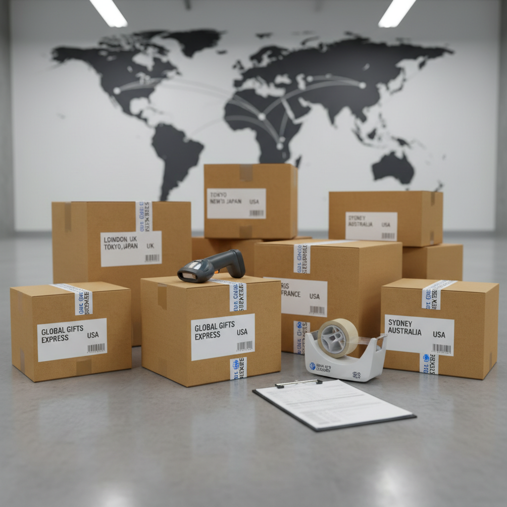 A carefully arranged international shipping scene on a smooth concrete floor: multiple sturdy cardboard cartons in varying sizes, each sealed with custom-branded tape and labeled with clean, legible shipping labels for different global cities. A compact handheld barcode scanner rests atop one box, next to a roll of branded tape and a stack of printed packing lists clipped together. Overhead warehouse lighting provides even, cool illumination, creating defined but soft-edged shadows around the boxes. In the softly blurred background, a world map graphic is visible on a wall, reinforcing global reach. Captured from a slightly elevated three-quarter angle with moderate depth of field, the photographic, modern aesthetic and orderly arrangement evoke reliability, scalability, and efficient worldwide delivery of corporate gifts.