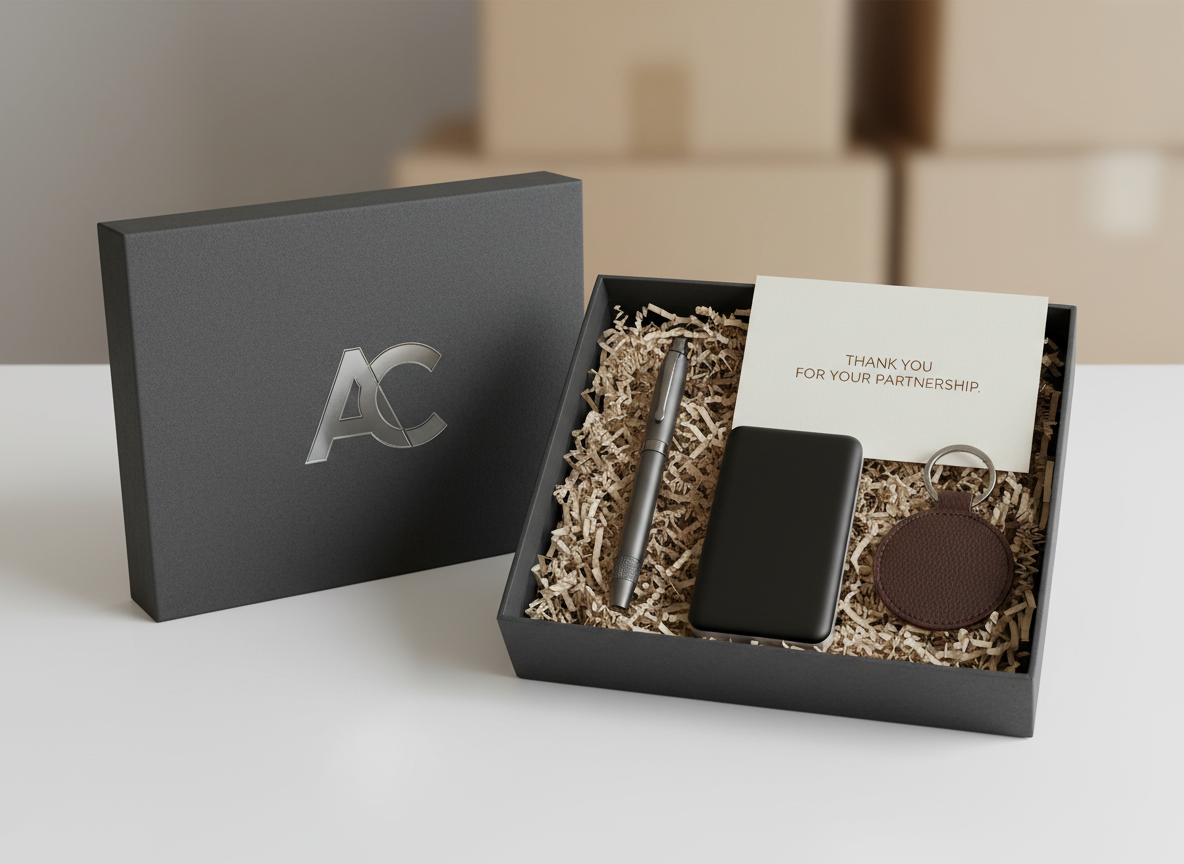 An open, custom-branded corporate gift box resting on a clean white desk surface, its lid propped beside it showcasing a minimalist embossed logo in subtle gloss. Inside, precisely arranged items nestle in finely shredded kraft paper: a graphite-gray metal pen, a slim power bank with edge-to-edge matte finish, a folded thank-you card with understated typography, and a small, high-quality leather key fob. Overhead soft studio lighting casts even illumination with faint, crisp shadows that emphasize the tidy arrangement. The background fades into a soft blur of neutral tones and a faint outline of stacked shipping cartons, suggesting scalability and logistics. Photographic realism, centered composition, and a calm, organized mood highlight premium quality and brand enhancement for corporate clients.