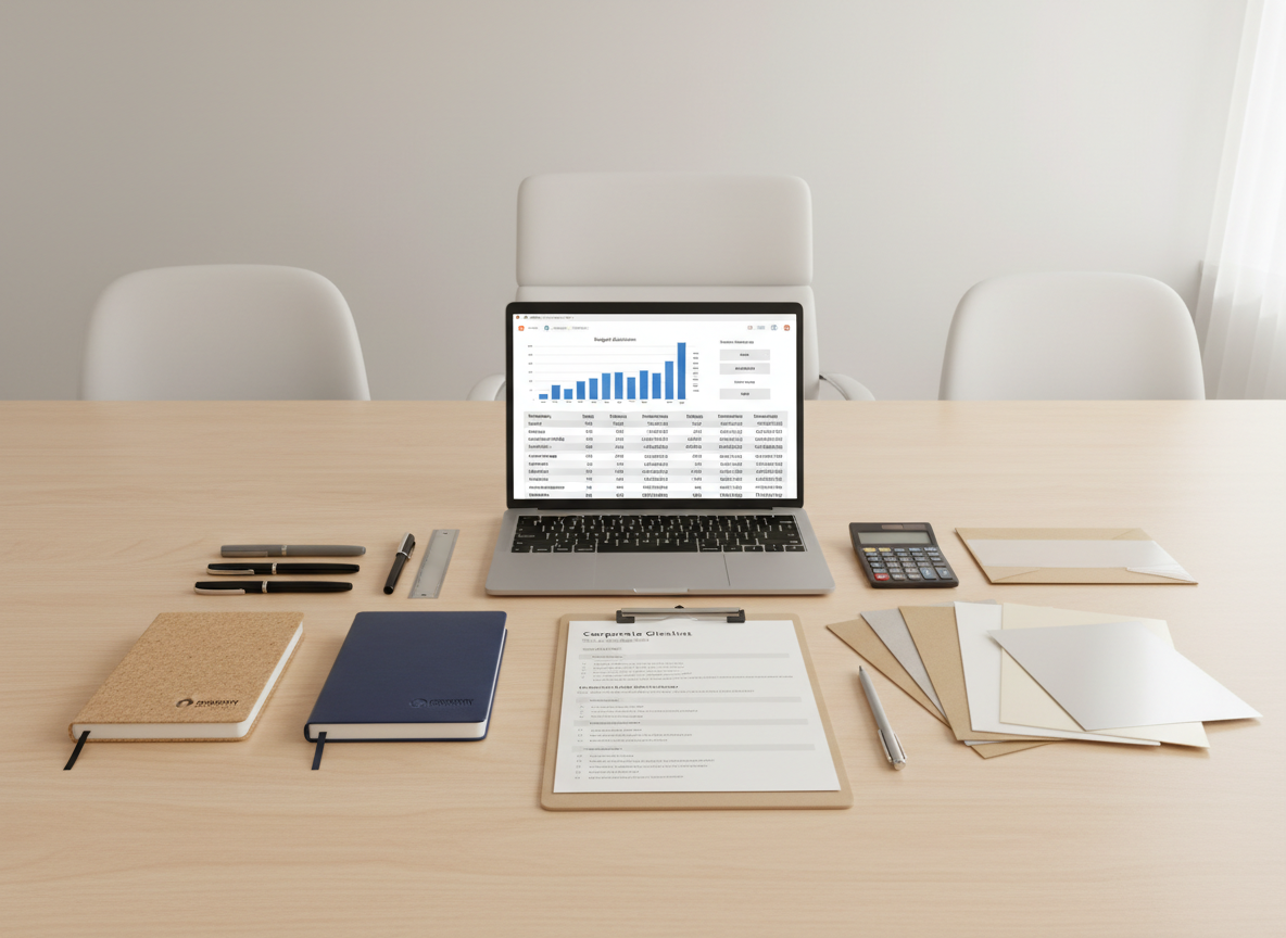 A neatly organized cost-optimization planning scene on a smooth light-wood conference table, devoid of people but filled with precise objects. A slim silver laptop displays a colorful bar chart and cost breakdown on its screen, beside a stack of sample corporate gifts: three pens of different finishes, two contrasting notebook qualities, and swatches of packaging materials ranging from textured kraft to smooth coated board. A thin metal ruler, calculator, and a minimal clipboard with a structured checklist complete the layout. Soft, indirect daylight from a large unseen window to the right blends with subtle overhead office lighting, creating a balanced, neutral illumination. Captured from a slightly elevated angle with sharp focus throughout, the photographic, clean composition communicates analytical rigor, strategic savings, and meticulous planning in corporate gifting.