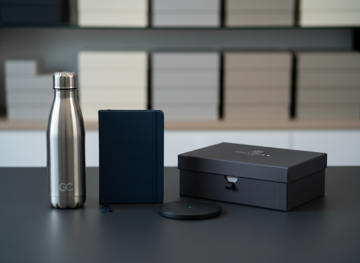 A curated arrangement of premium corporate gifts displayed on a matte charcoal tabletop: a brushed stainless-steel insulated bottle with subtle logo engraving, a midnight-blue hardback notebook with elastic strap, a sleek wireless charger in soft-touch black, and a refined gift box with a discreet silver foil monogram. In the background, softly blurred shelves show neatly stacked, uniformly wrapped boxes in neutral tones. Cool, diffused studio lighting from the left creates gentle highlights on metal surfaces and soft shadows beneath objects. Shot at eye level with a shallow depth of field, the composition centers the main set while leaving negative space around it. The photographic realism and clean, modern aesthetic convey professionalism, efficiency, and a polished, one-stop corporate gifting solution.