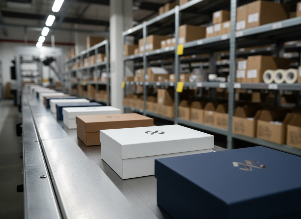 A long, waist-high conveyor belt in a modern fulfillment center, covered with systematically spaced, ready-to-ship corporate gift boxes in coordinated colors of deep navy, warm gray, and white, each with precise logo placement. The belt’s brushed metal surface reflects soft highlights under cool, evenly distributed industrial LED lighting overhead. In the mid-ground, tall shelving units hold neatly labeled cartons and uniform packaging supplies, all softly out of focus. The camera is positioned at a low, slightly diagonal angle along the conveyor, creating a strong sense of depth and continuous flow. The mood is efficient, streamlined, and meticulously organized, captured with photographic realism and sharp focus on the nearest boxes, subtly blurring into the distance to suggest high-volume, on-time delivery capabilities.